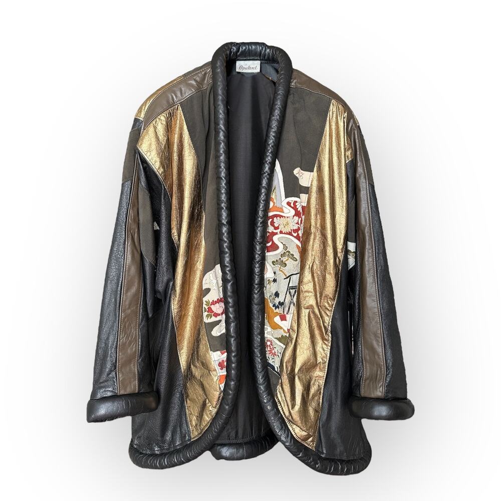 Vintage Opulent Gold Black Leather Oriental Patchwork Open Front Coat Size XXL